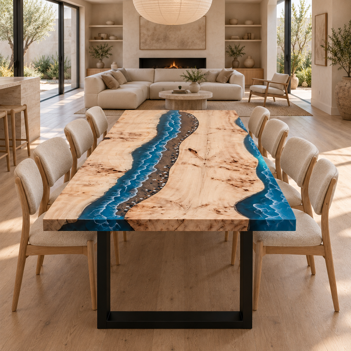 Poplar wood dining table with flowing blue epoxy details and natural grain in a contemporary interior