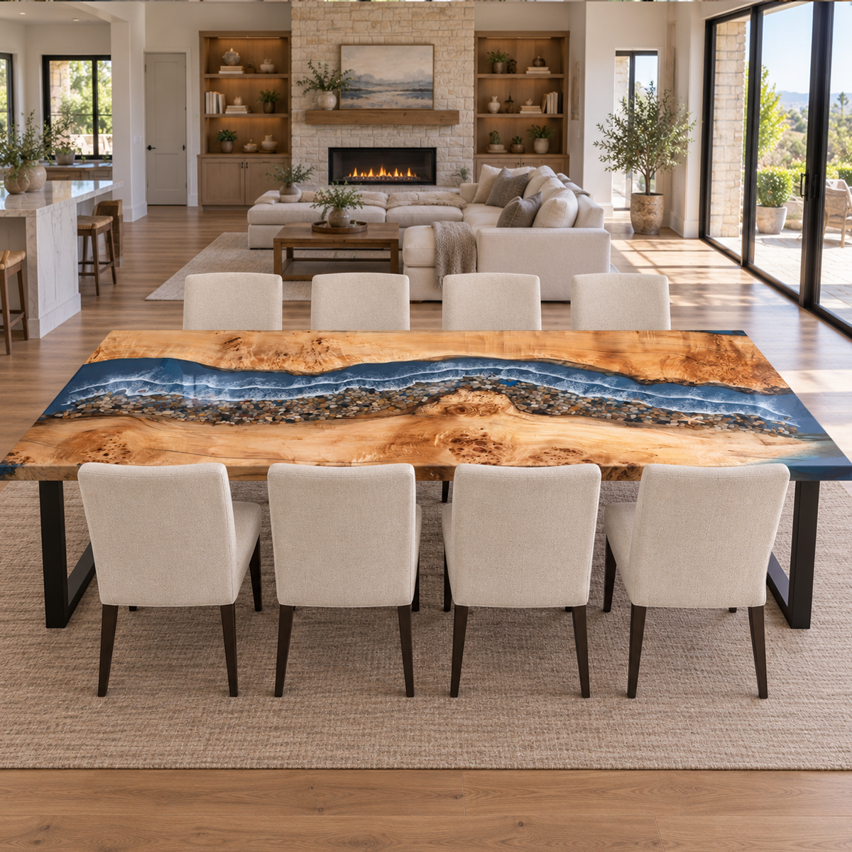 Warm-toned poplar wood grain surrounding a blue epoxy channel with white surf patterns and multicolored pebble accents