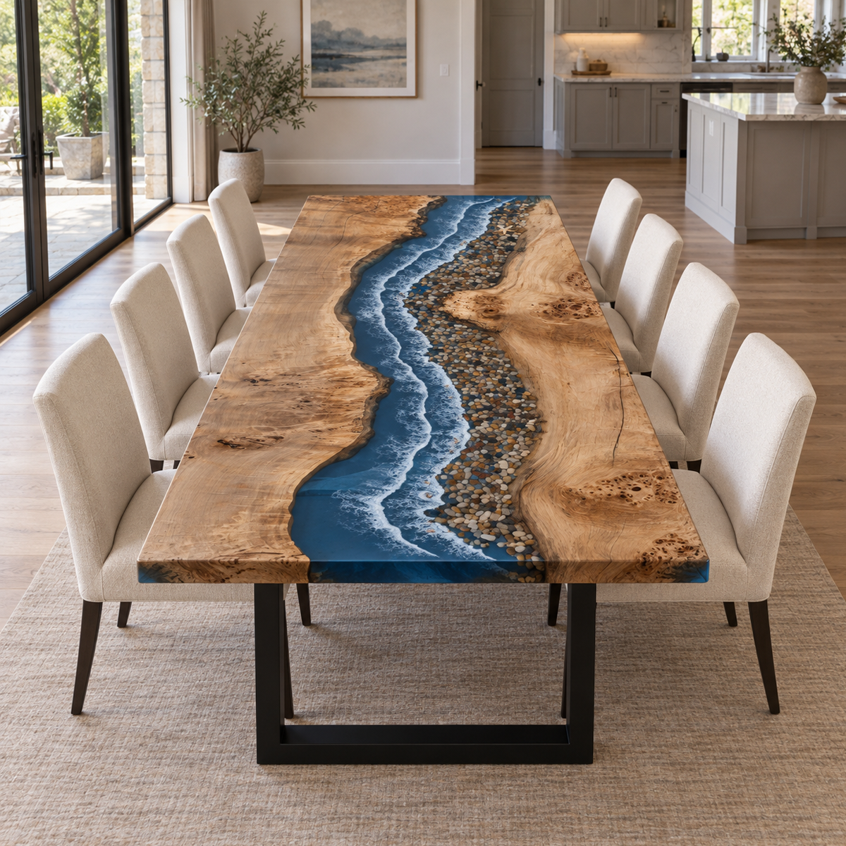 Poplar wood dining table with an ocean-blue epoxy river, white wave patterns, and a curved pebble shoreline