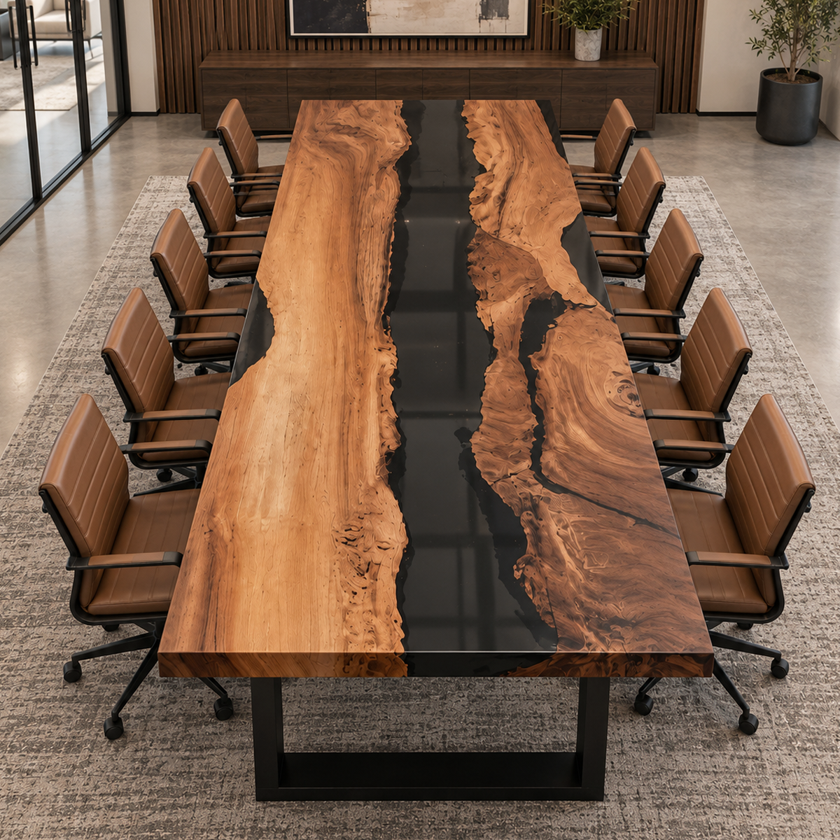 Long walnut and transparent black epoxy conference table surrounded by brown office chairs in a glass-partitioned meeting room