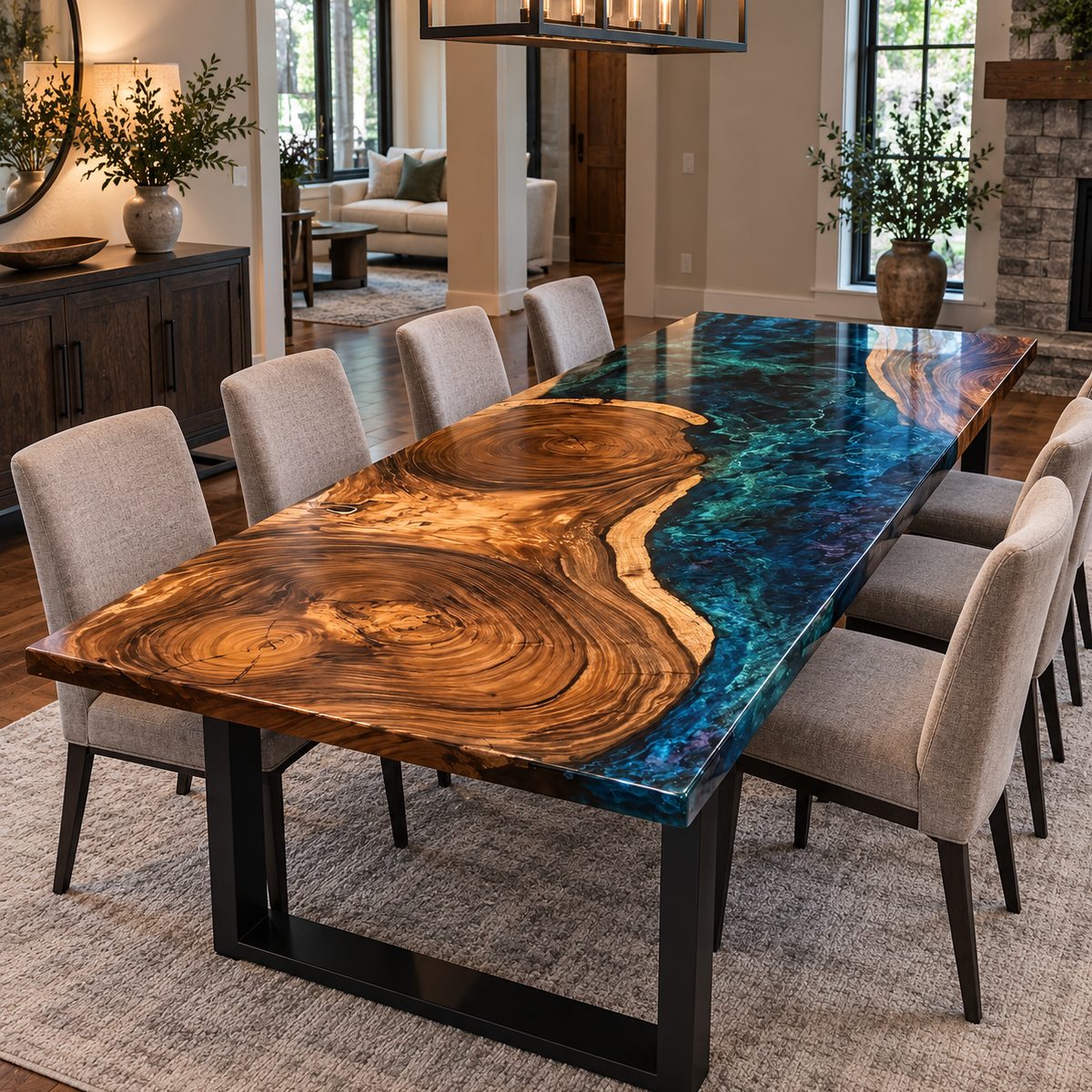 Walnut and teal-blue epoxy dining table surrounded by gray upholstered chairs beneath a lantern-style dining room light