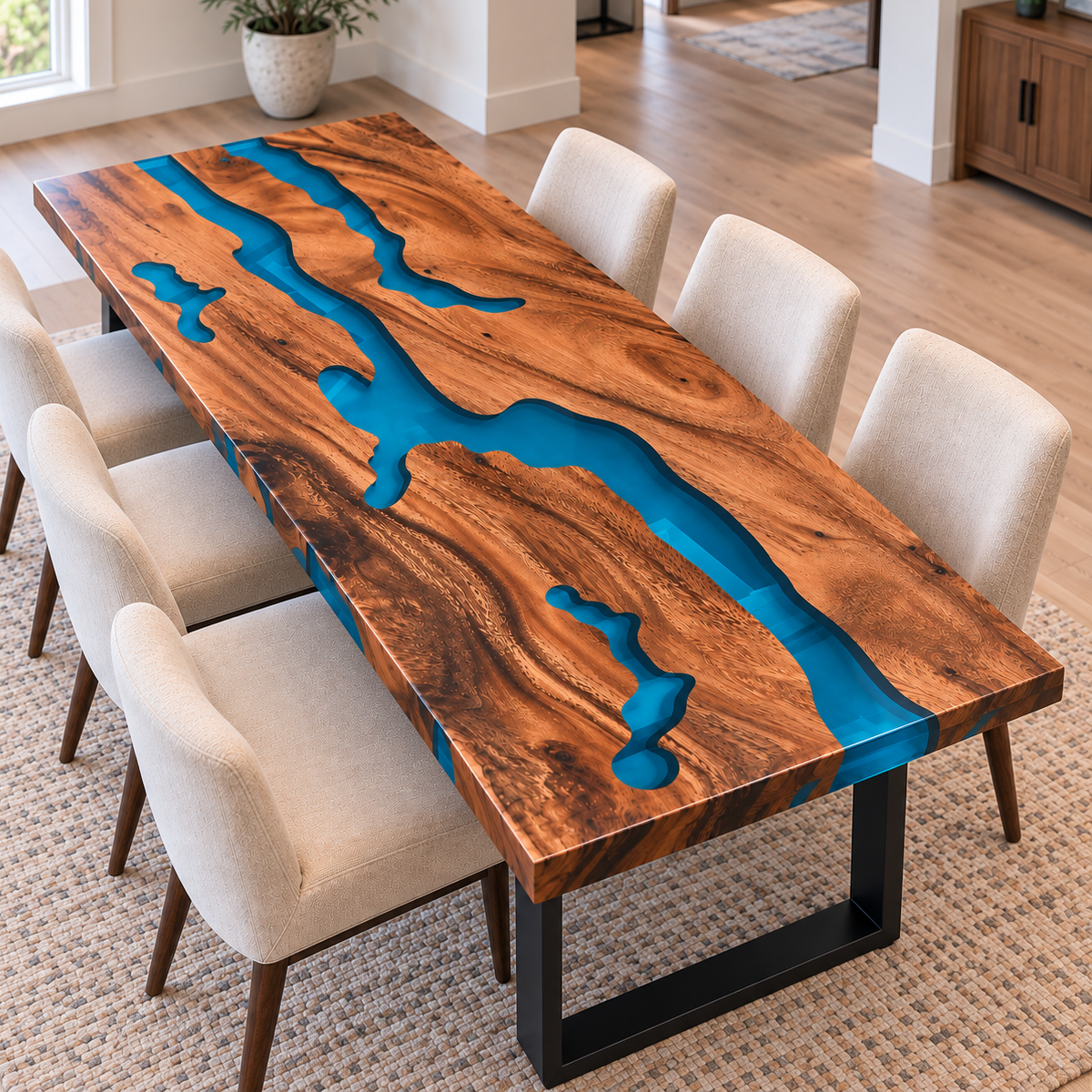 Walnut tabletop featuring multiple blue resin waterways, irregular wood sections, and expressive amber-brown grain