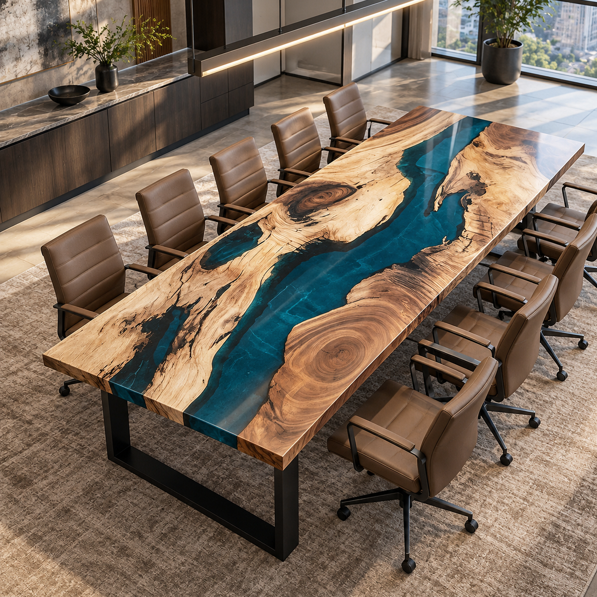Long rectangular walnut meeting table featuring a winding blue transparent resin channel between irregular cream and brown wood sections