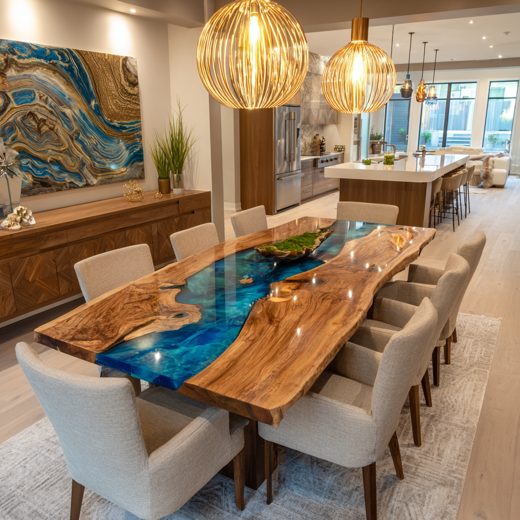 Custom Olive Wood Epoxy River Dining Table