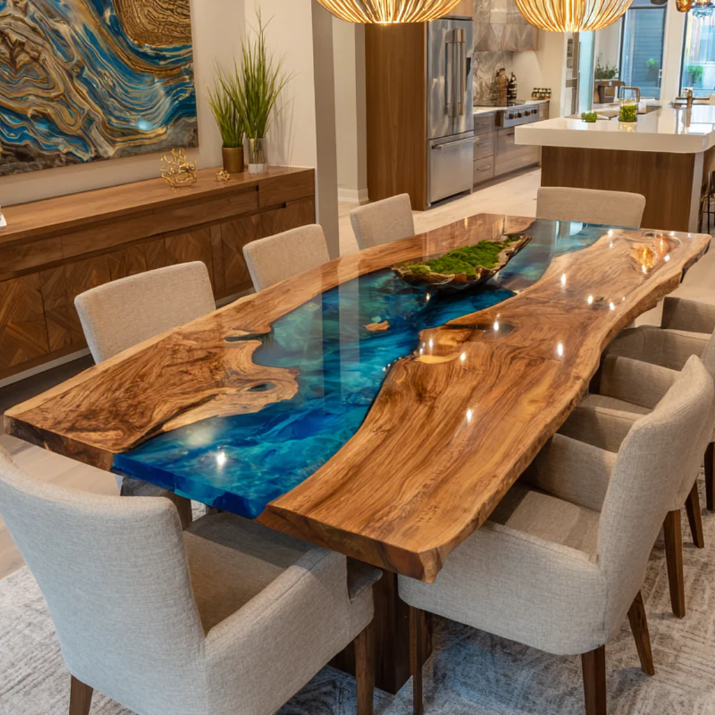 Custom Olive Wood Epoxy River Dining Table