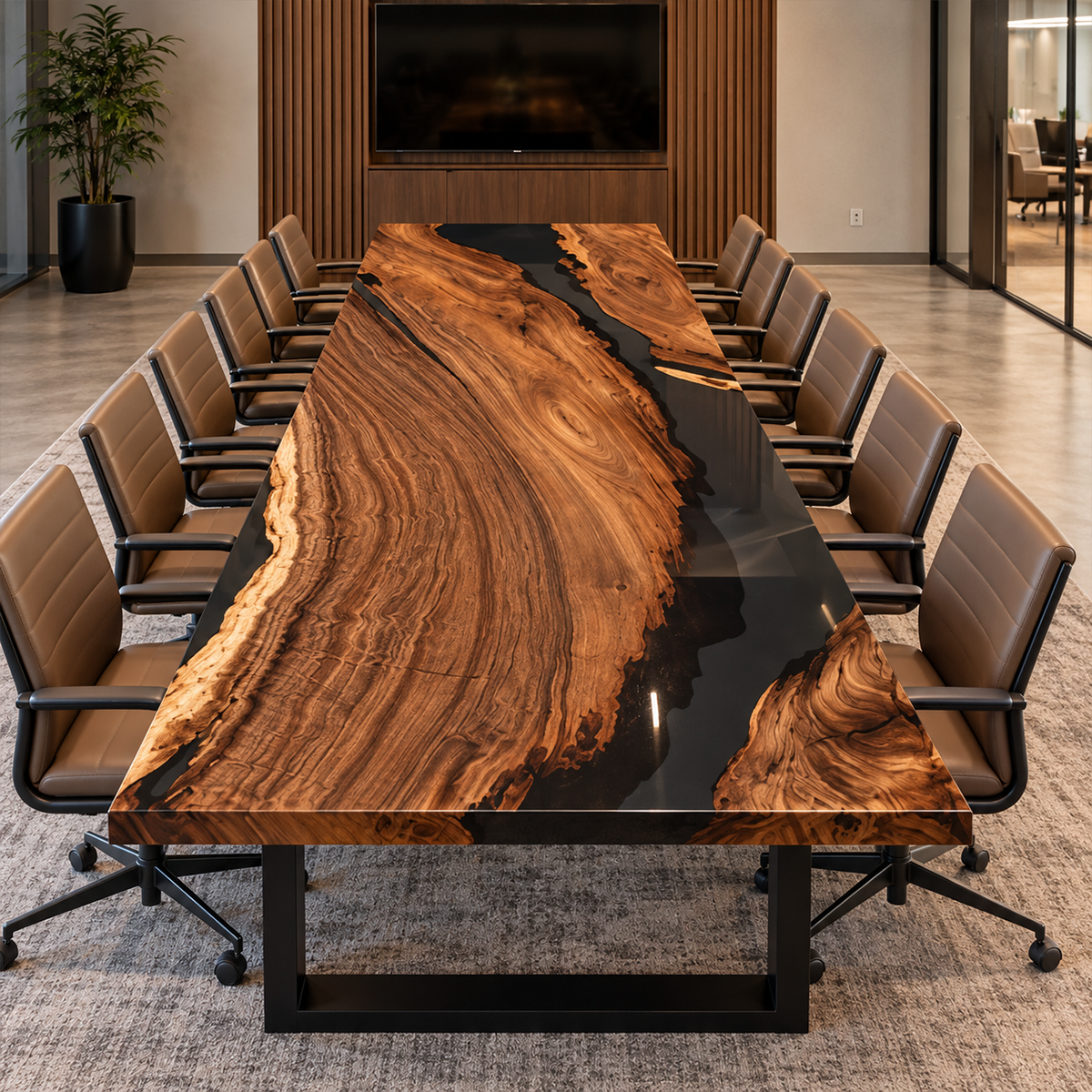 Elevated view of a walnut conference tabletop with asymmetric transparent resin areas and curved amber-brown grain