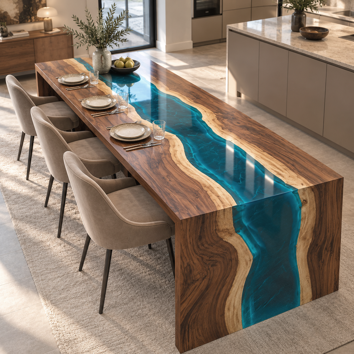 Angled view of a walnut blue epoxy resin waterfall dining table with place settings, a vase and upholstered chairs.