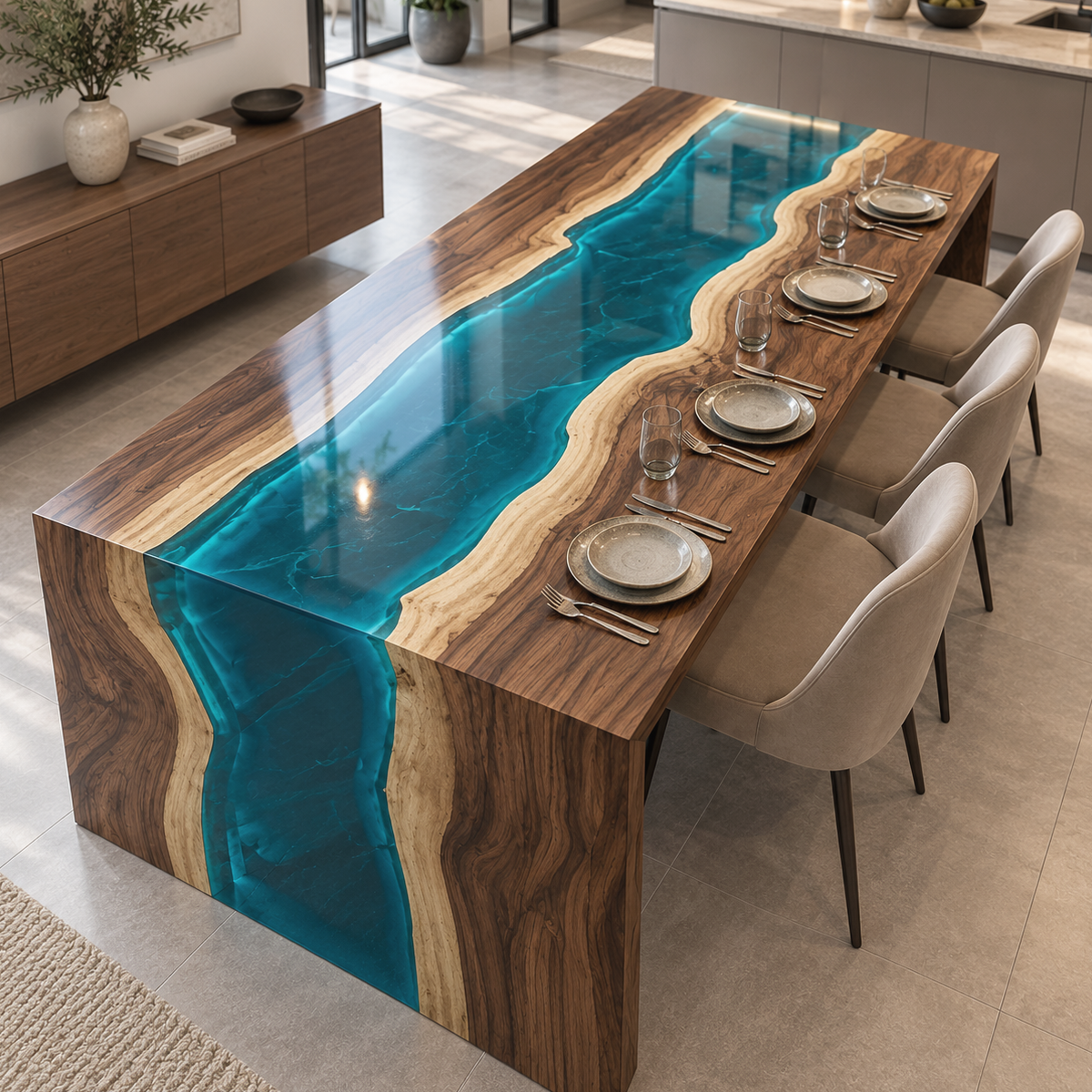 Elevated view of a walnut waterfall dining table, showing a winding blue epoxy resin river and place settings along one side.