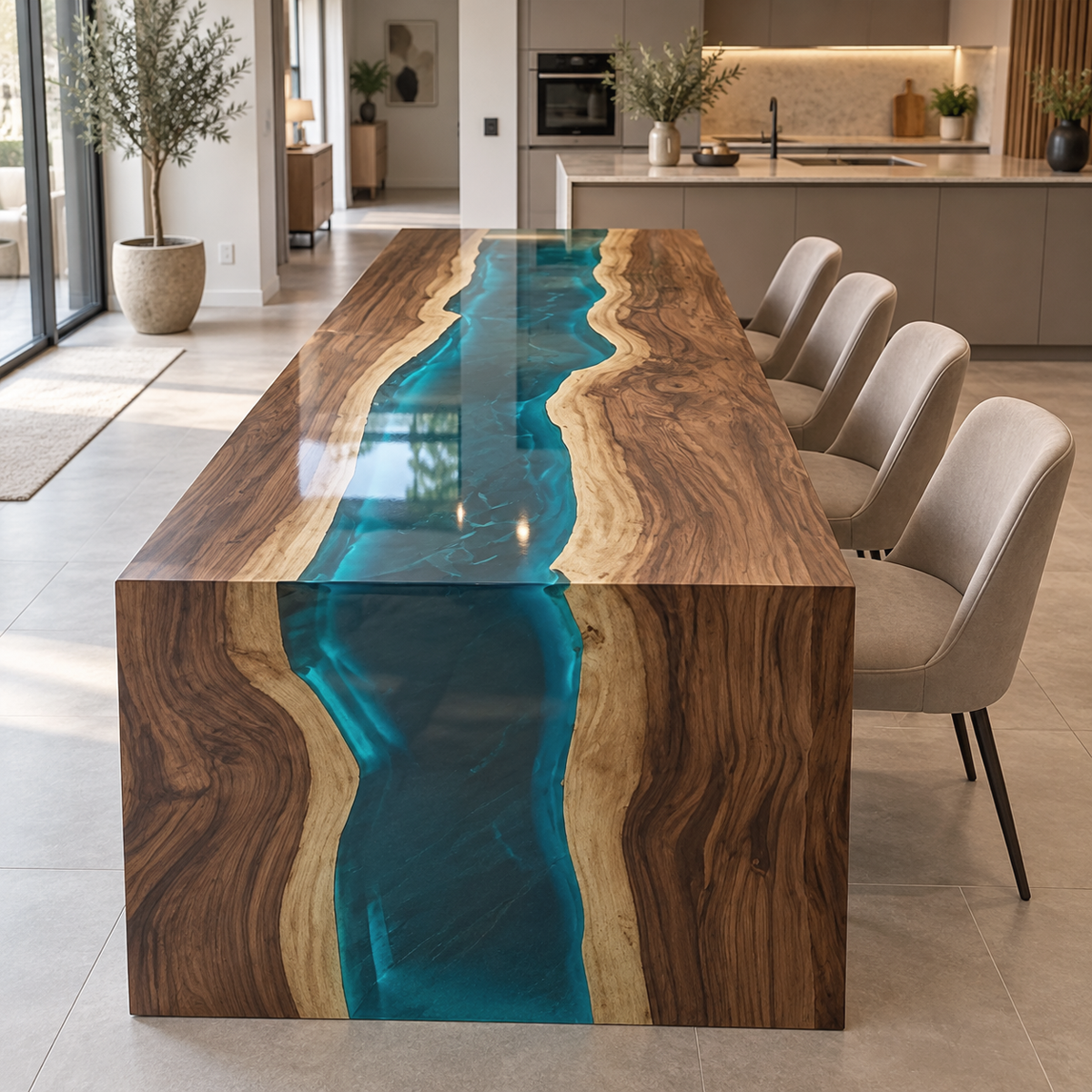 Front view of a walnut waterfall dining table with a blue epoxy resin river flowing from the tabletop down the end panel.