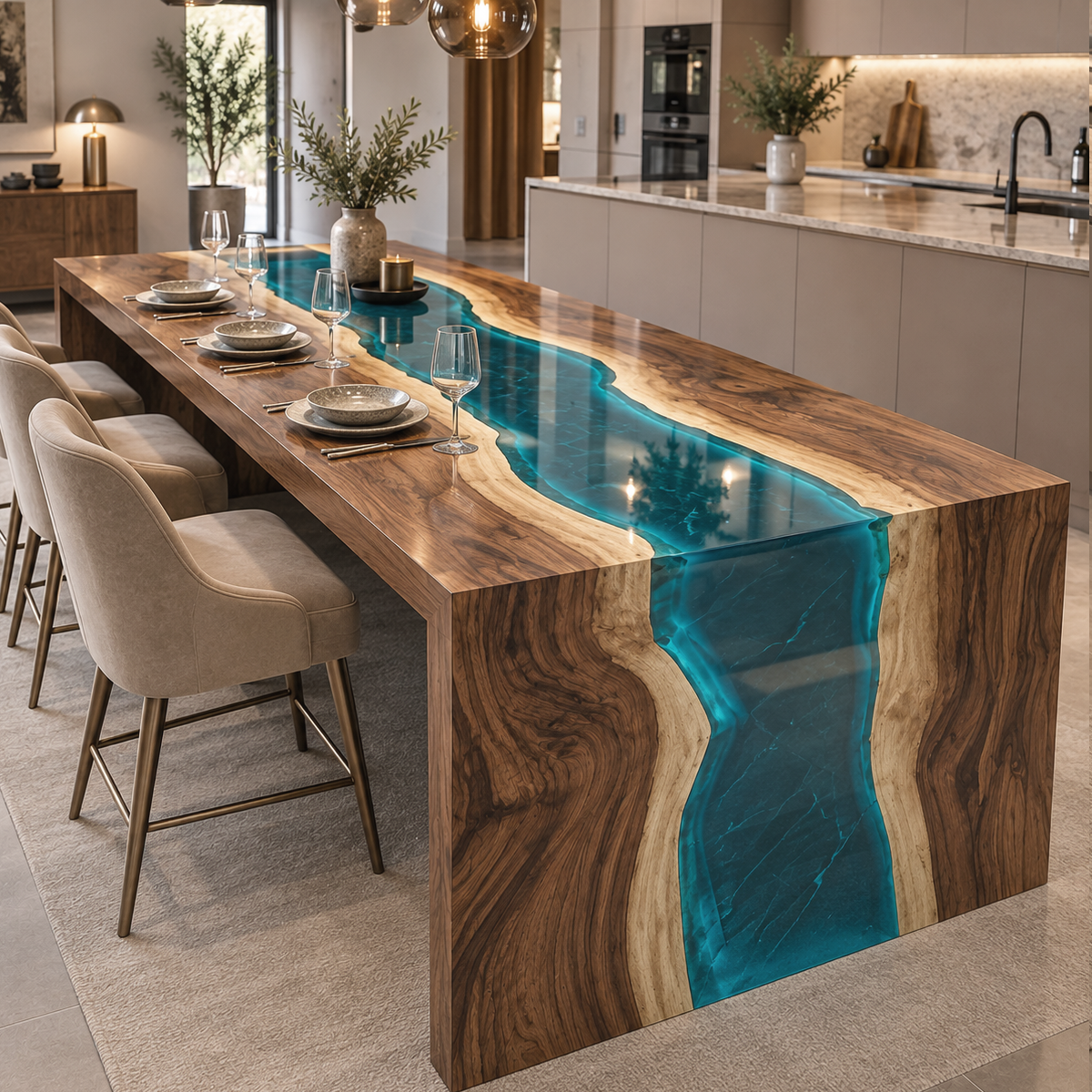 Walnut blue epoxy resin waterfall dining table set with plates and wine glasses beside a kitchen island and pendant lights.