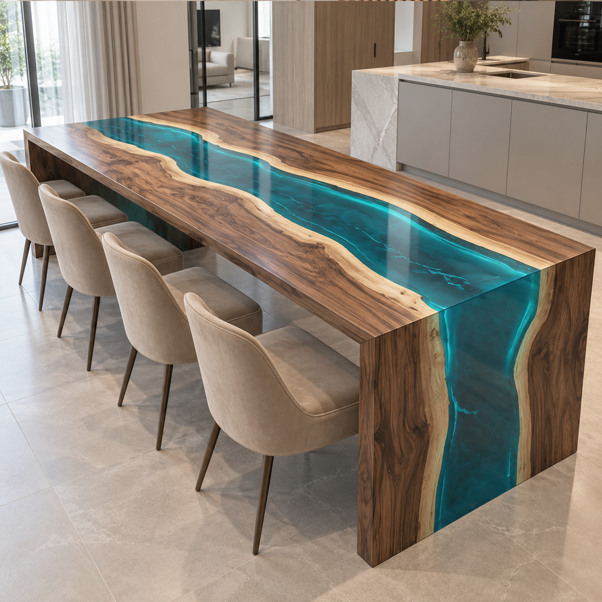 Side angle of a walnut blue epoxy resin waterfall dining table with an empty tabletop and beige chairs beside a kitchen island.