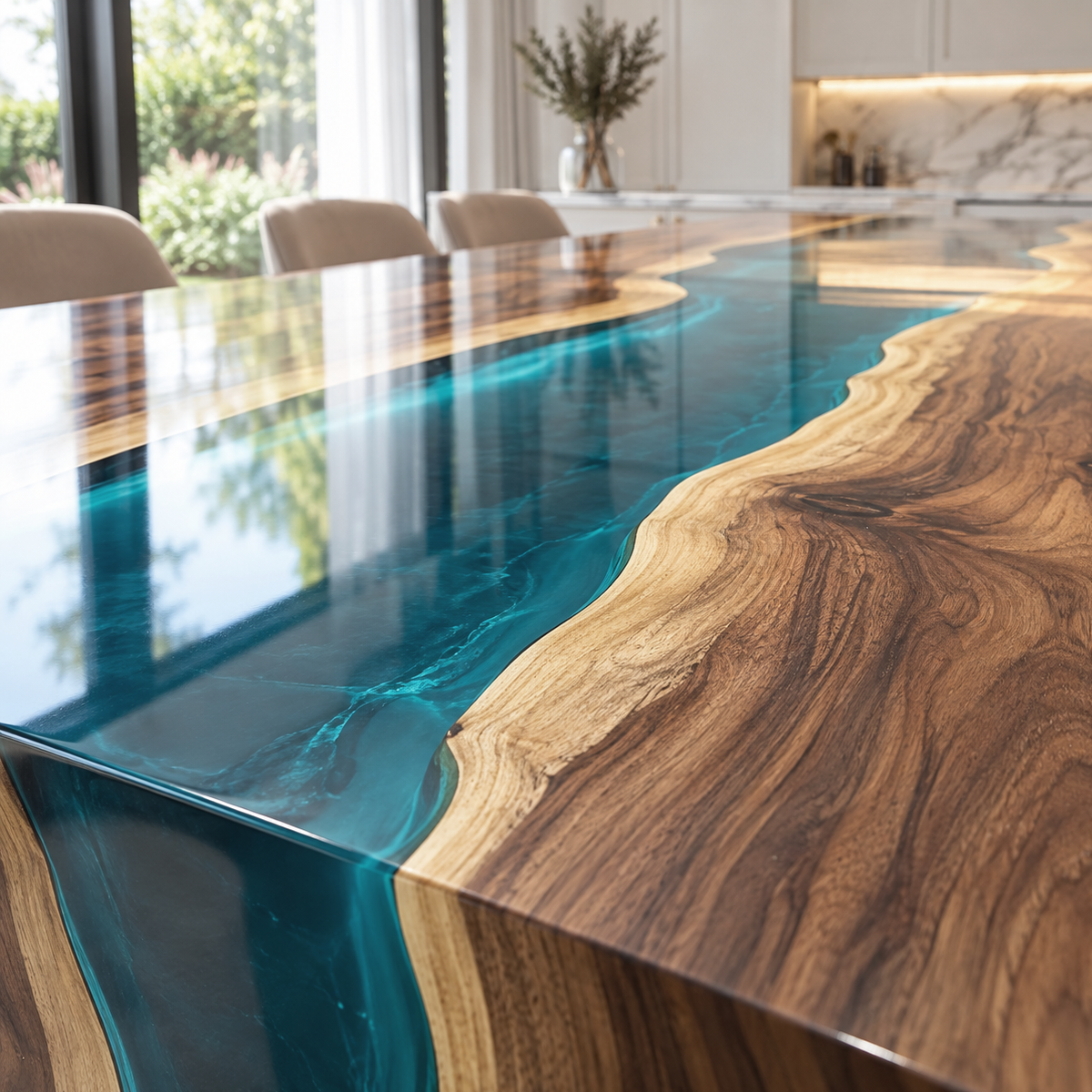 Low close-up along a walnut waterfall tabletop, showing pale wood edges, detailed grain and a reflective blue epoxy resin river.