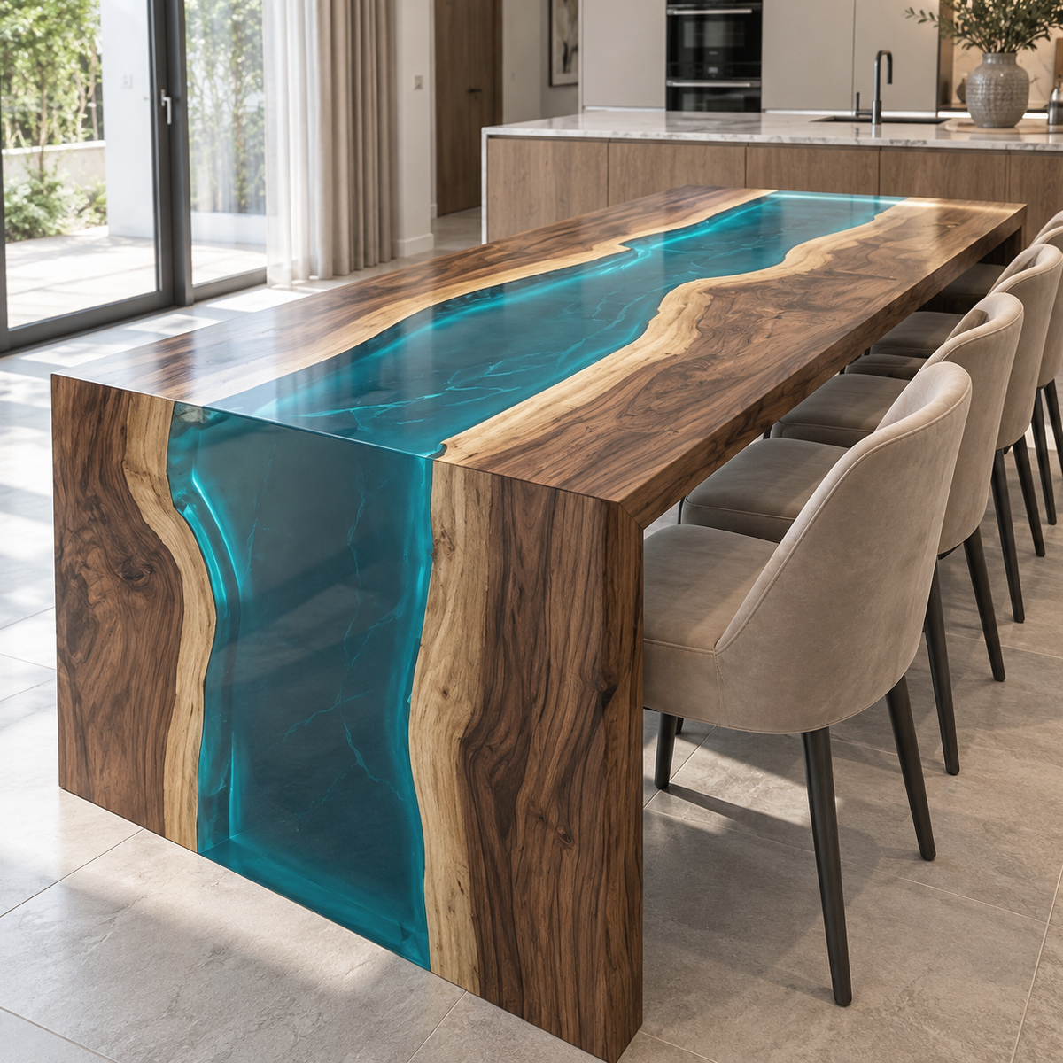Walnut waterfall dining table with blue epoxy resin flowing down the end, shown with cream chairs beside tall glass doors.