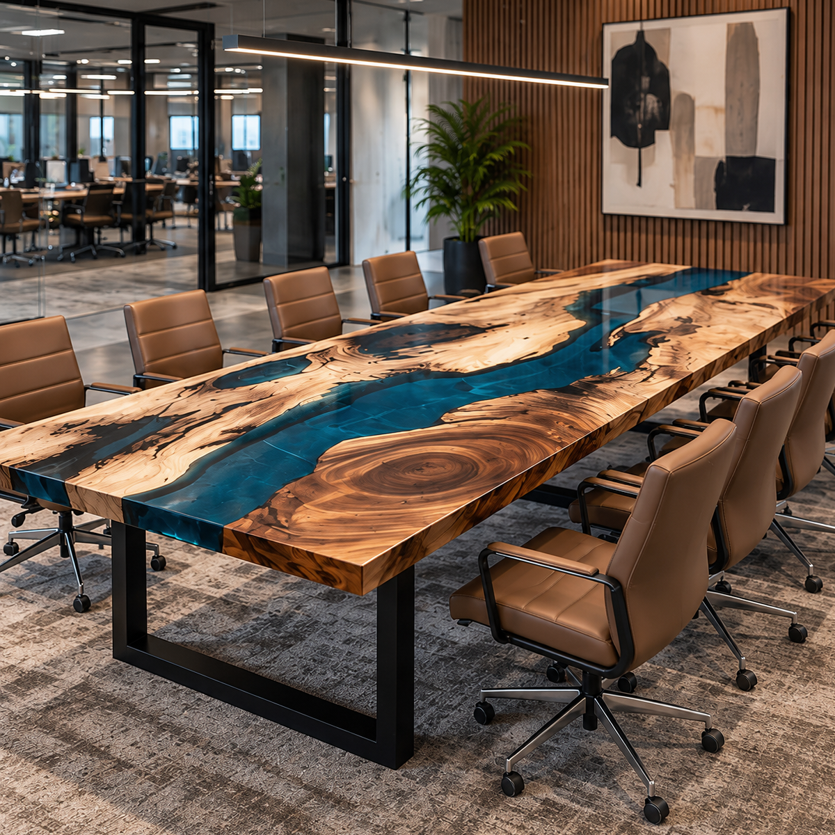 Elevated view of a walnut conference tabletop with sculptural wood shapes, oval grain patterns, and a glossy transparent blue river