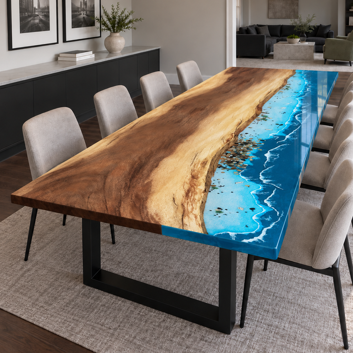 Angled view of a walnut dining table with blue ocean resin along one side, white wave details and a black U-shaped base.