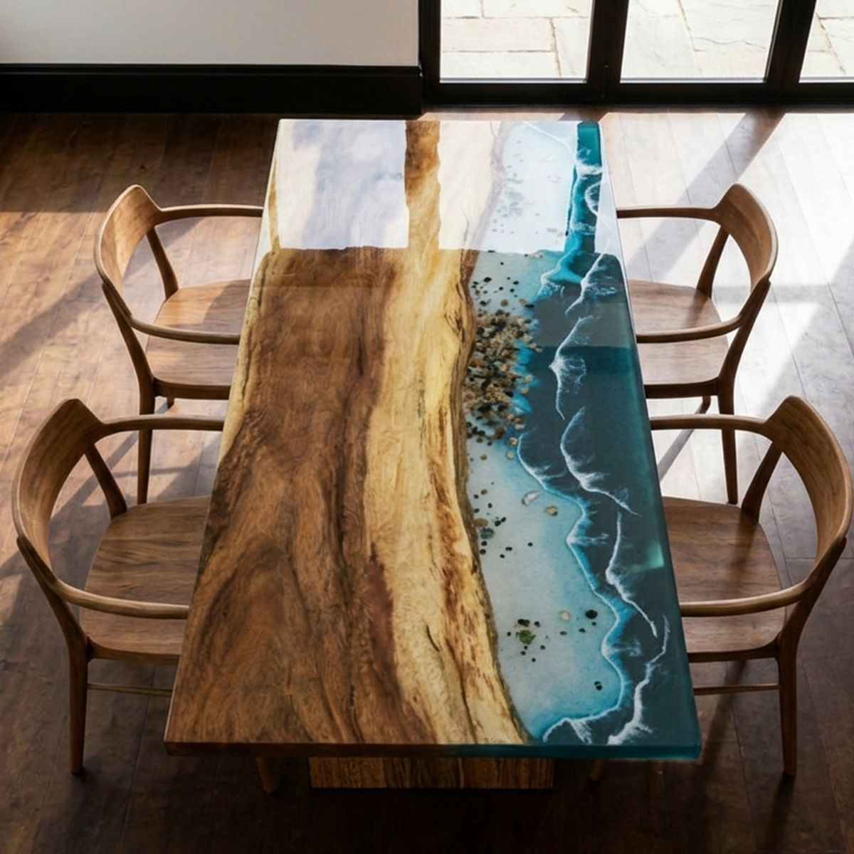 Elevated view of a rectangular walnut and blue wave resin dining table with curved wooden chairs beside glass doors.