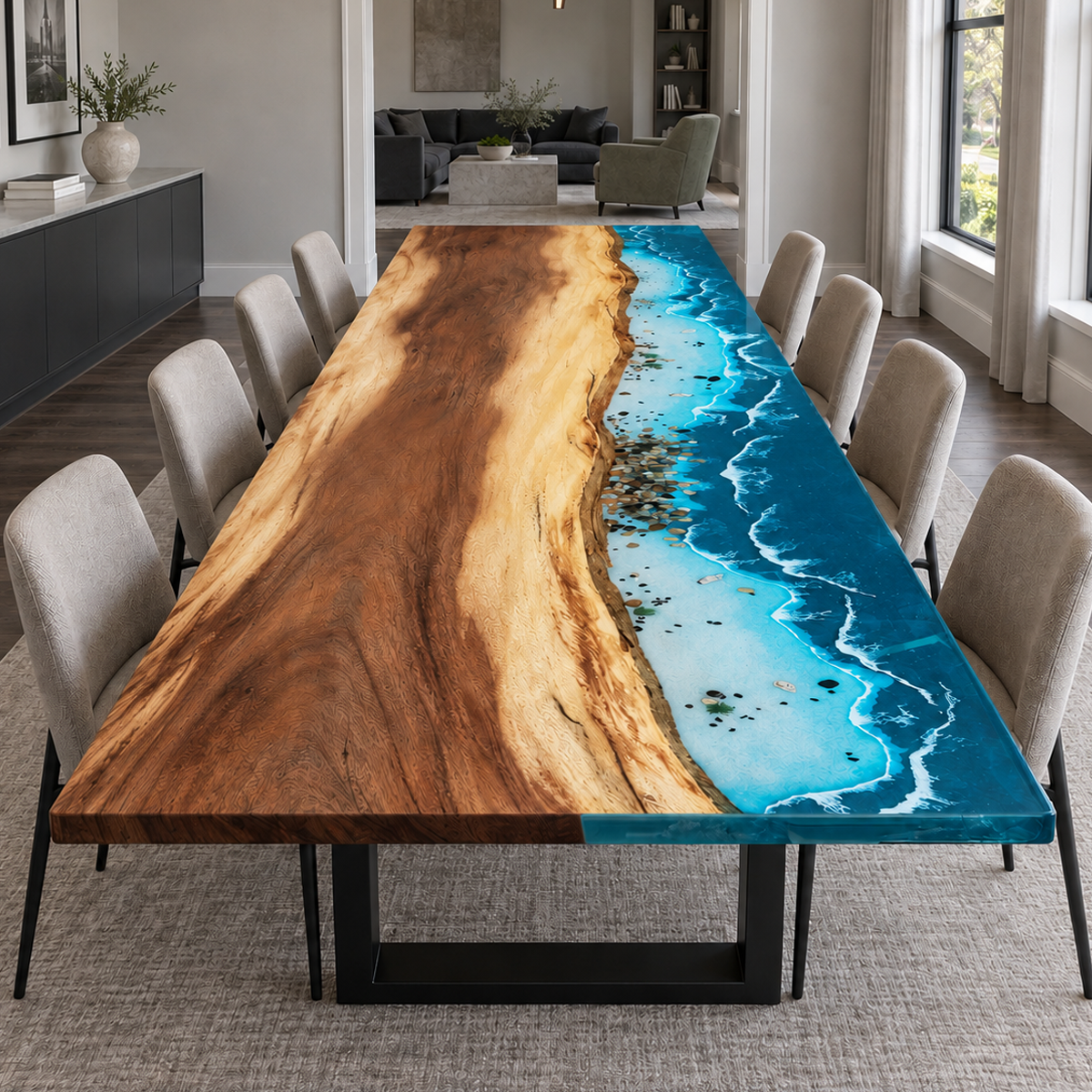 End view of a walnut blue wave resin dining table with black U-shaped legs and beige upholstered chairs in a bright room.