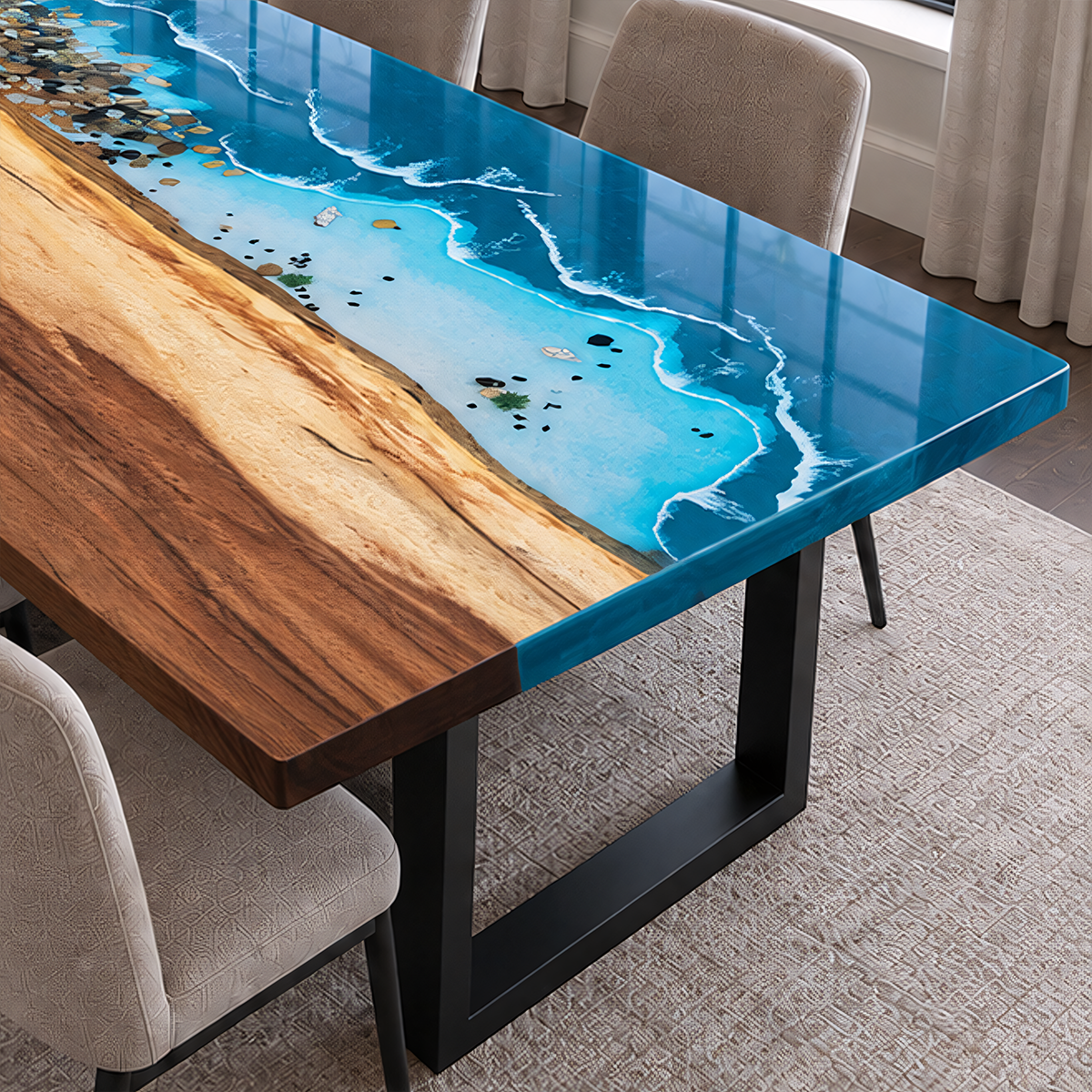 Close-up of a walnut dining tabletop with blue resin waves, pebble details and a glossy blue edge above a black U-shaped leg.