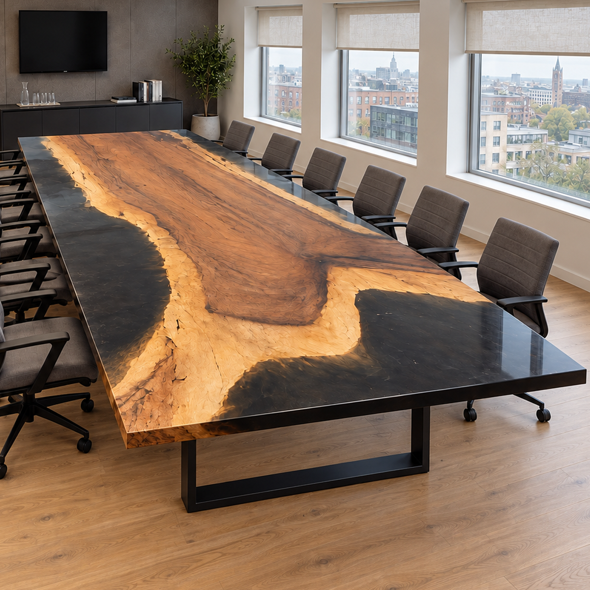 Rectangular walnut boardroom table with an organic wood centerpiece and black resin panels, surrounded by gray office chairs