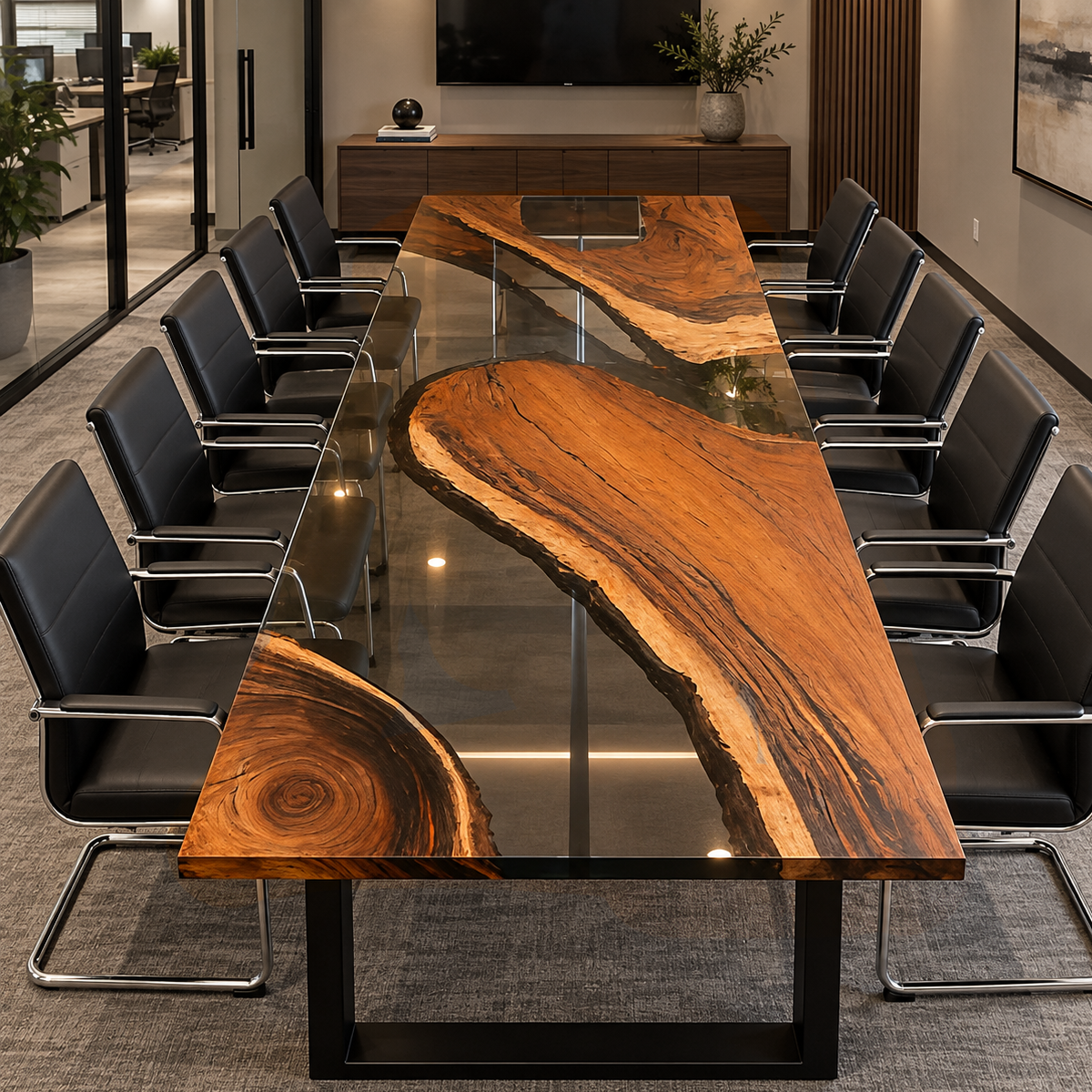 Elevated view of a walnut conference table showing island-like wood sections, ring-shaped grain, and wide transparent resin areas