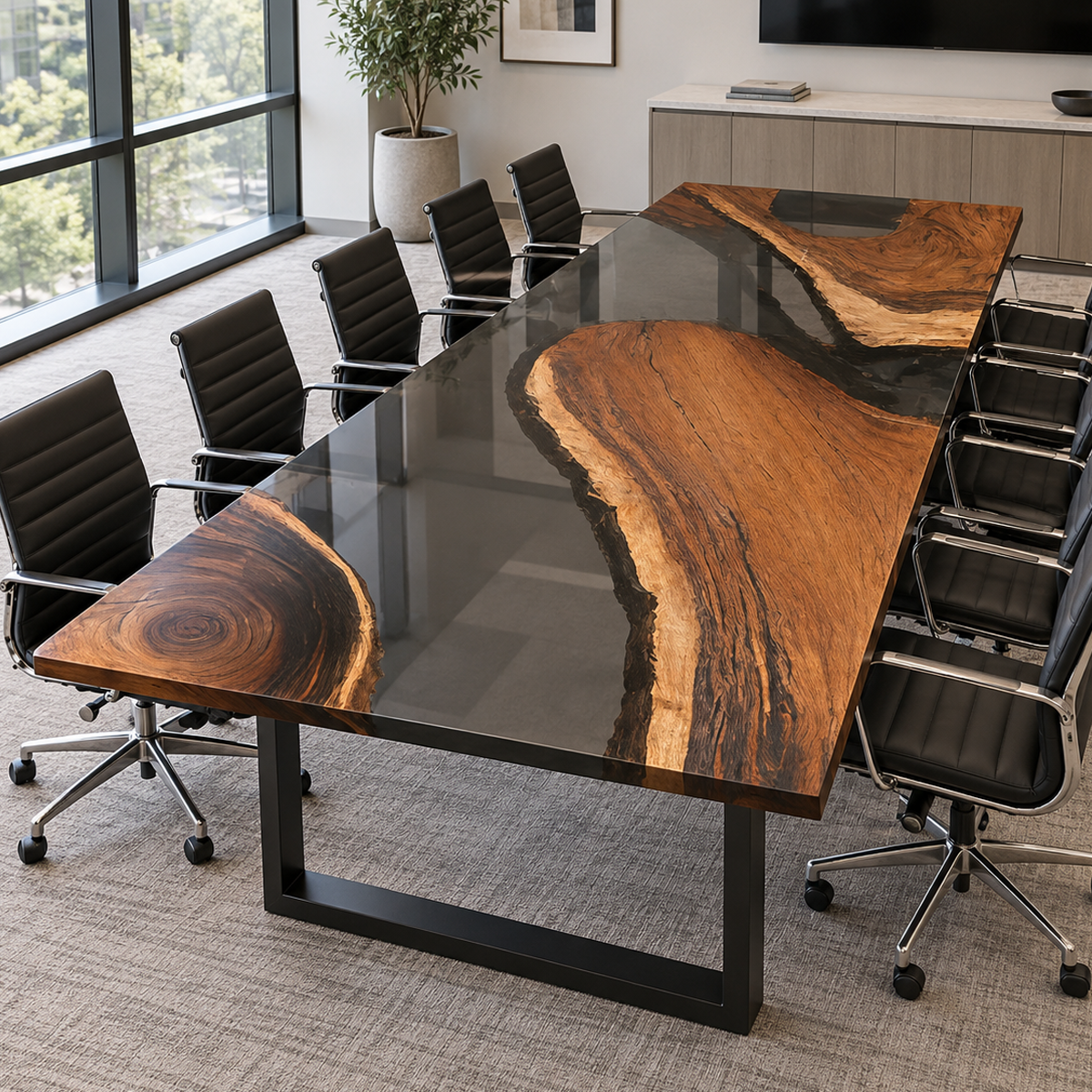 Walnut conference table with irregular wood sections set in transparent resin, revealing the floor beneath the tabletop
