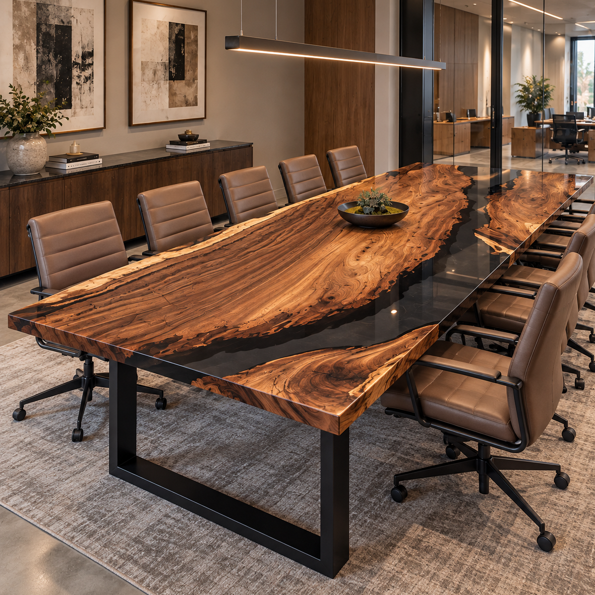 Walnut conference table with sweeping curved grain, pale golden wood edges, and transparent resin along one side