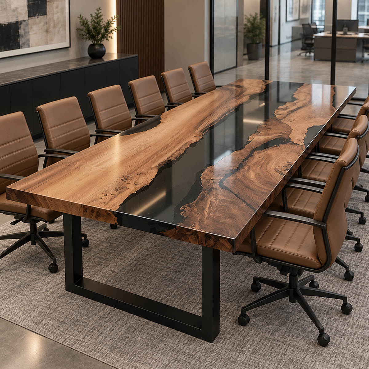 Rectangular walnut meeting table pairing a broad golden-brown wood section with a narrower figured section across dark transparent resin
