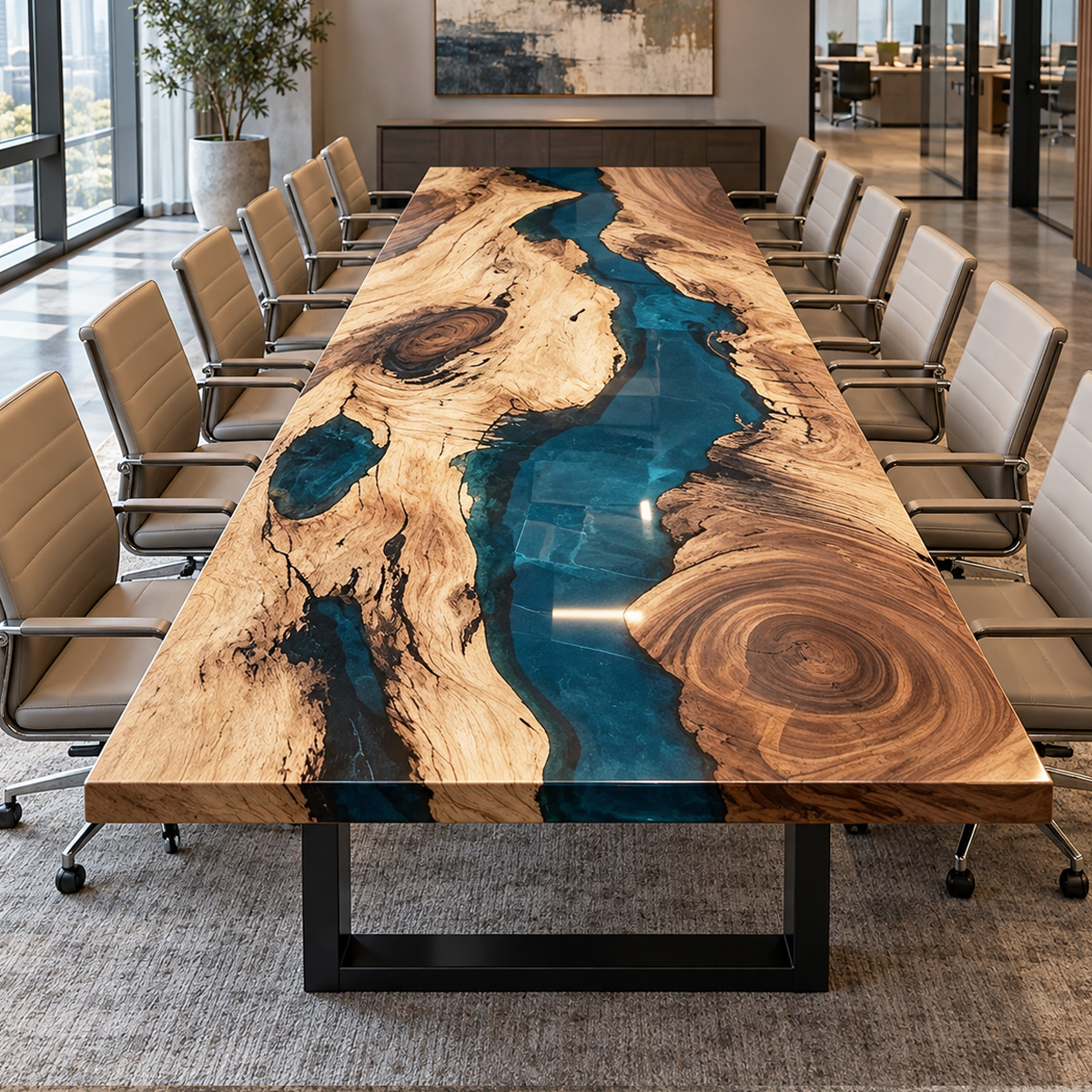 Walnut conference table with a transparent blue resin river, prominent circular grain, and contrasting pale natural wood edges