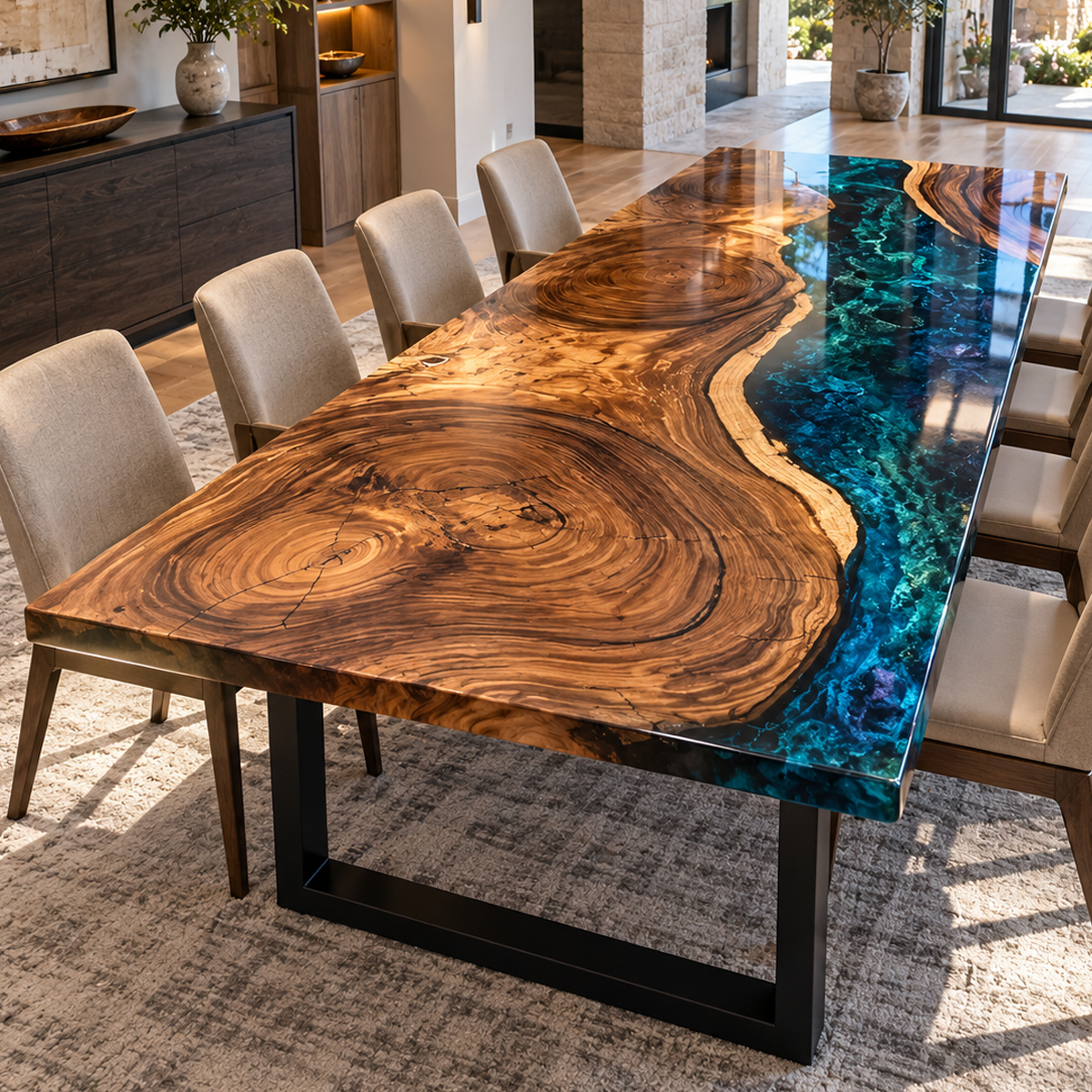 Walnut dining table with large circular grain patterns beside a broad deep blue resin section filled with teal swirls