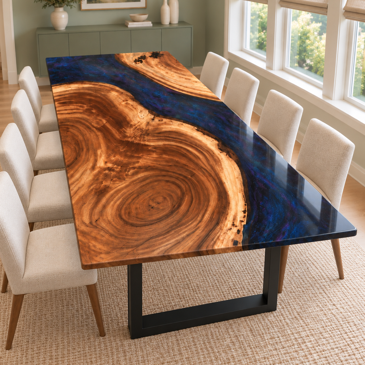 Walnut dining table with prominent circular wood grain and a winding midnight-blue resin section along one side