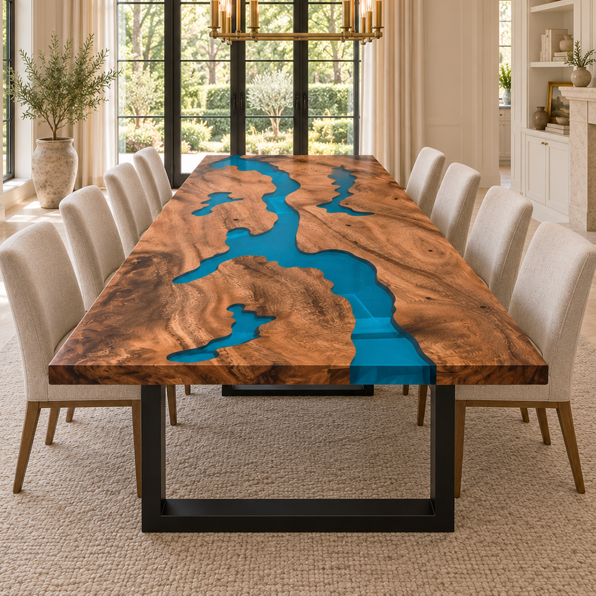 Walnut dining table with branching turquoise resin channels running through warm brown wood with swirling grain