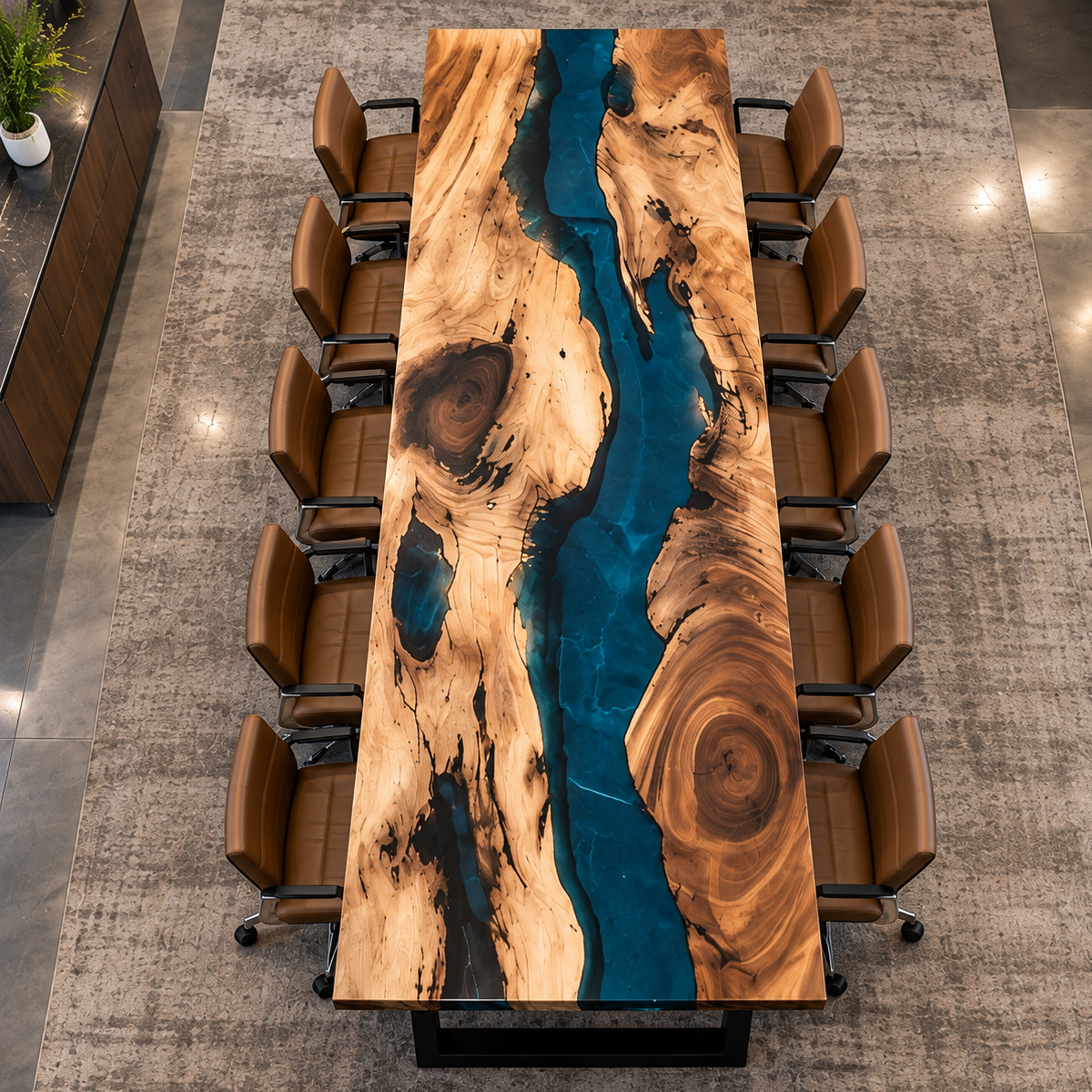 Close view of walnut ring grain beside transparent blue epoxy, with the resin continuing through the visible tabletop edge