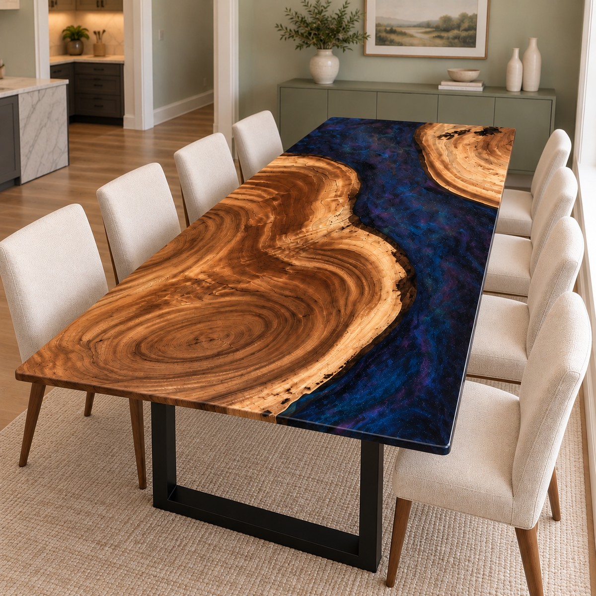 Walnut tabletop showing sweeping oval grain beside sapphire-blue resin with darker swirling patterns and irregular wood borders