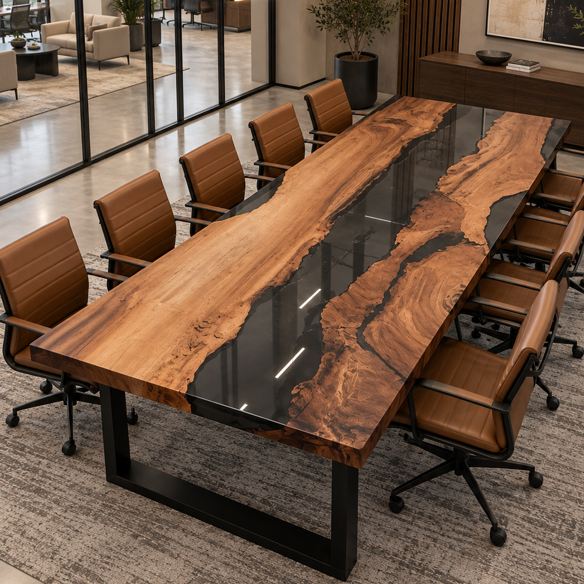 Walnut conference table with a wide transparent black resin river between two contrasting wood sections with irregular natural edges