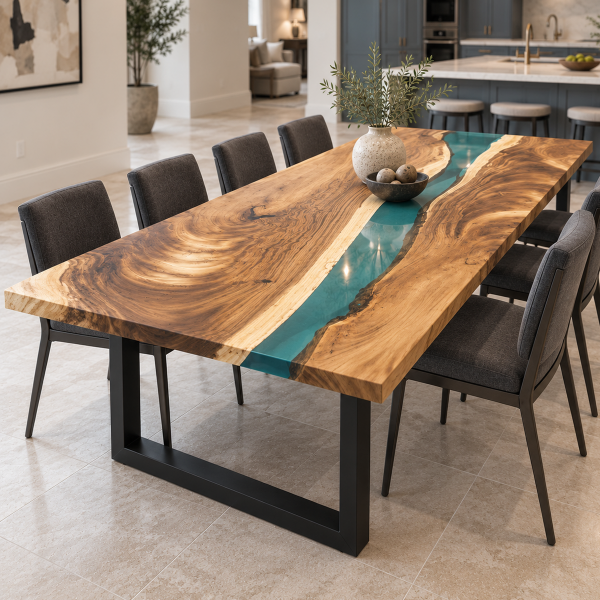 Angled view of a walnut dining table with a transparent teal epoxy resin river, black U-shaped legs and dark chairs beside a kitchen.
