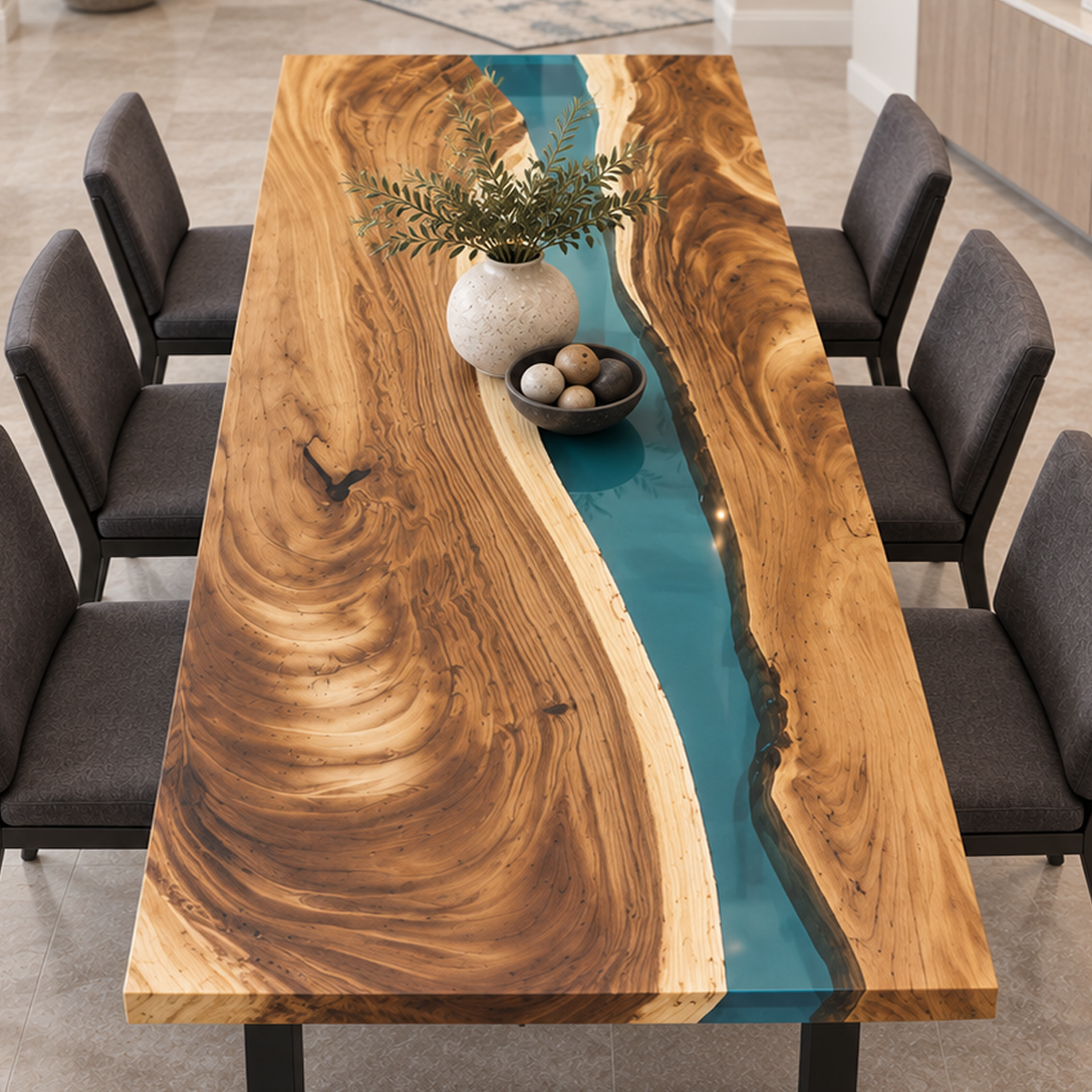 Elevated view of a walnut dining tabletop showing sweeping grain, light wood edges and a transparent teal epoxy resin river.