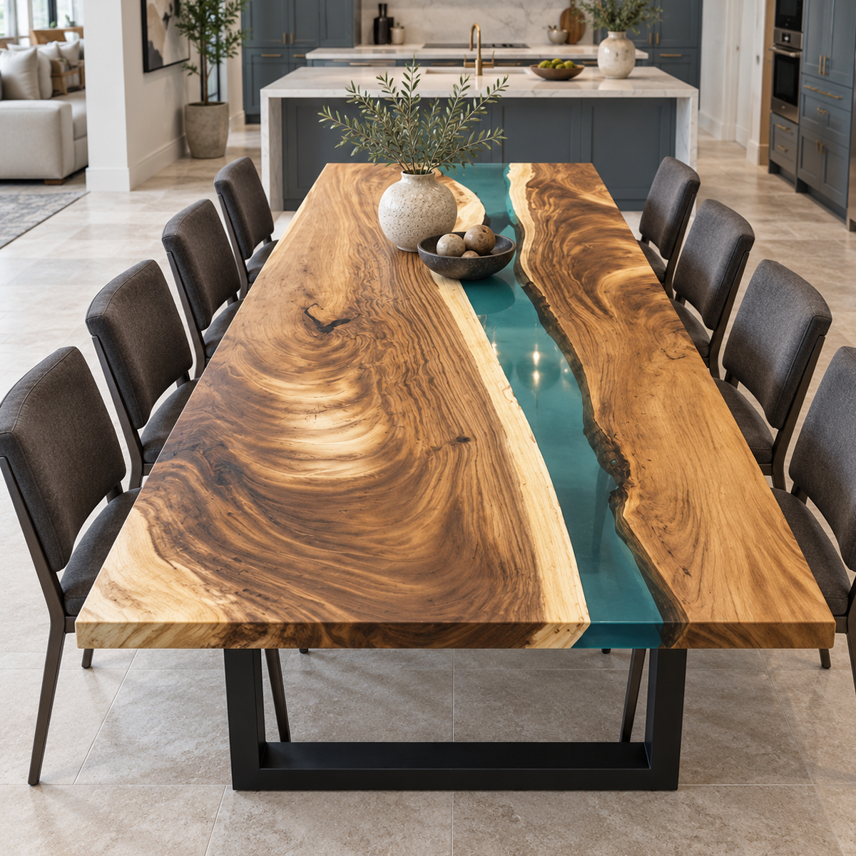 Front view of a walnut transparent epoxy resin river dining table with dark upholstered chairs, a vase and a bowl on the tabletop.