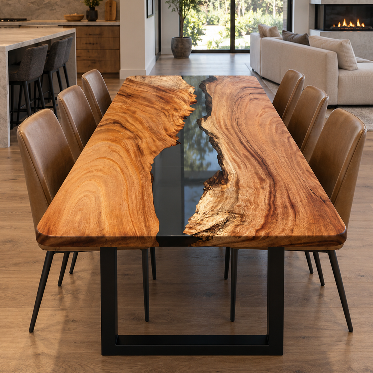 Front view of a walnut wood dining table with a deep black epoxy resin center and rich natural grain