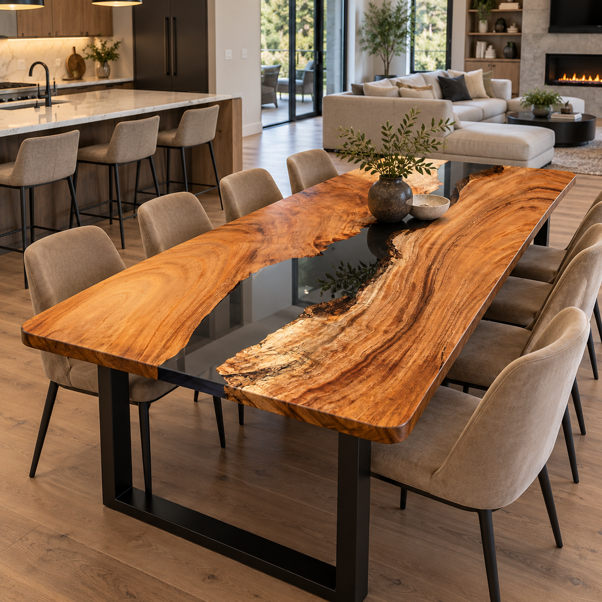 Walnut wood epoxy resin dining table with a glossy black river center in a warm modern dining room