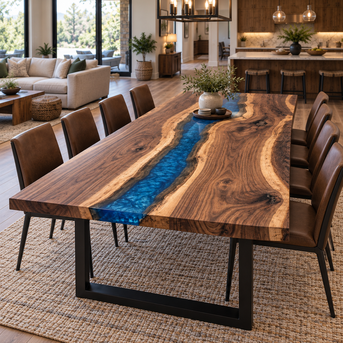 Walnut wood dining table with a swirling blue epoxy river, pale golden inner edges, and rich brown grain