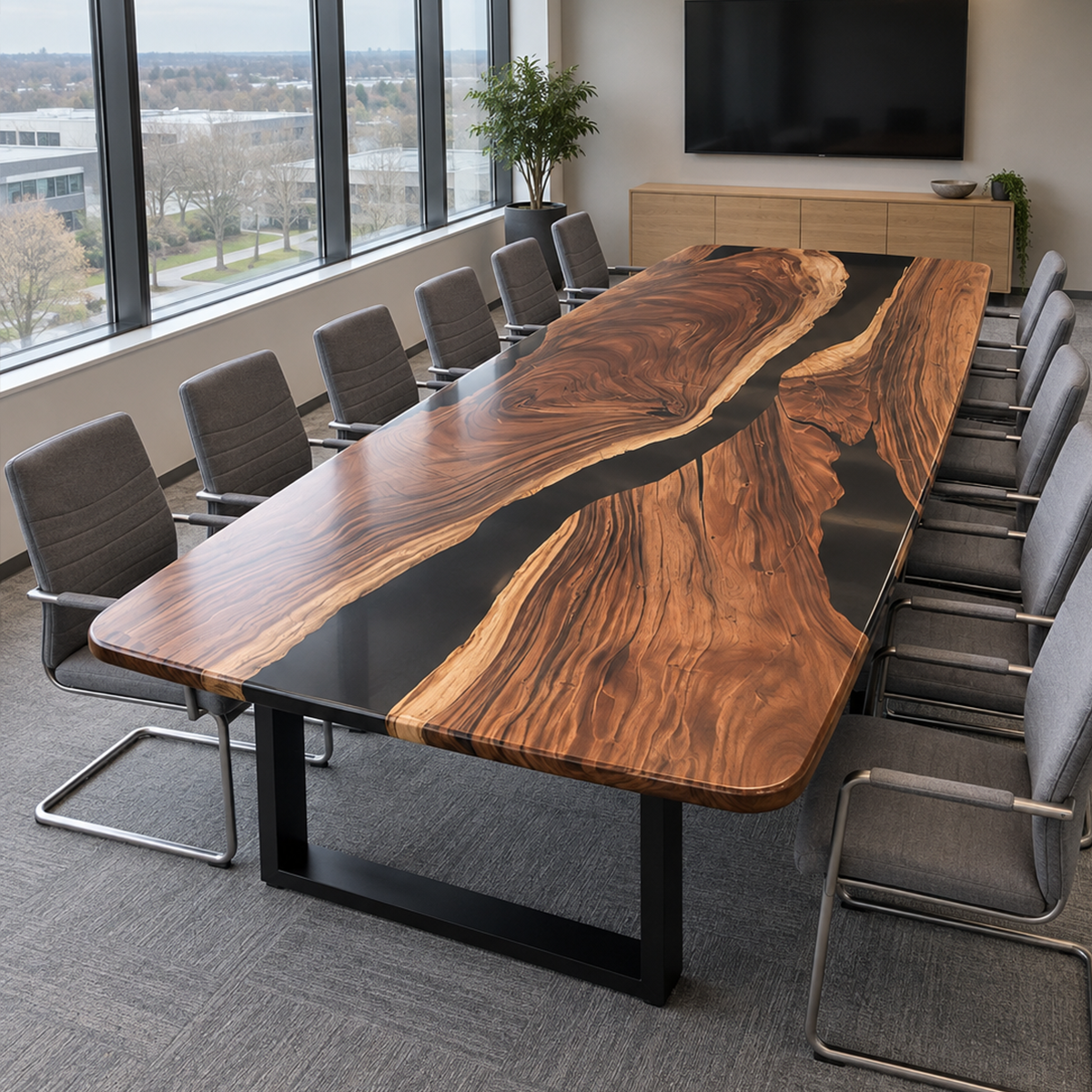 Walnut wood conference table with a winding black epoxy river, dramatic swirling grain, and rounded tabletop corners