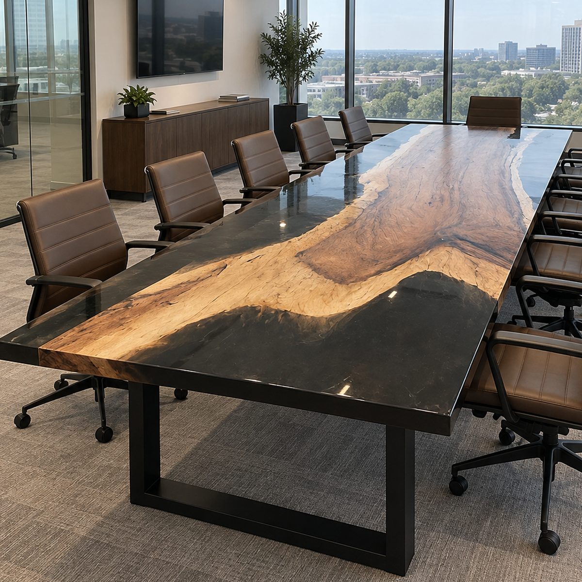 Walnut wood conference table with a broad brown wood center, golden natural edges, and black resin surrounding the irregular outline