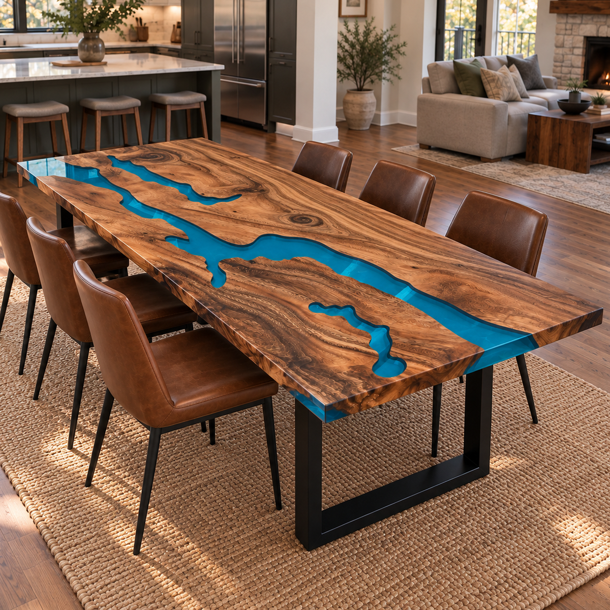 Walnut tabletop featuring multiple blue resin waterways, irregular wood sections, and expressive amber-brown grain
