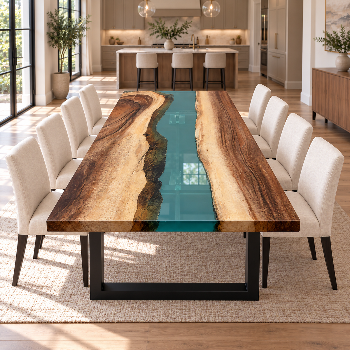 Walnut wood dining table with a transparent teal epoxy river flowing between warm brown wood sections with pale natural edges