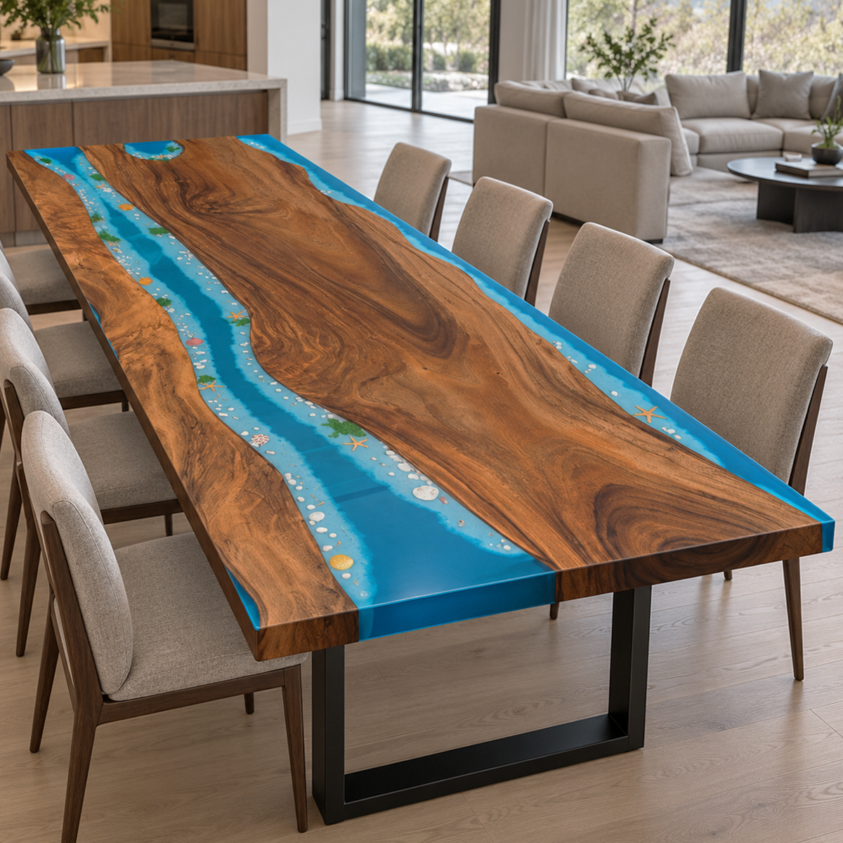 Walnut wood dining table with turquoise epoxy channels, white wave-like details, and sweeping brown grain across a rectangular top