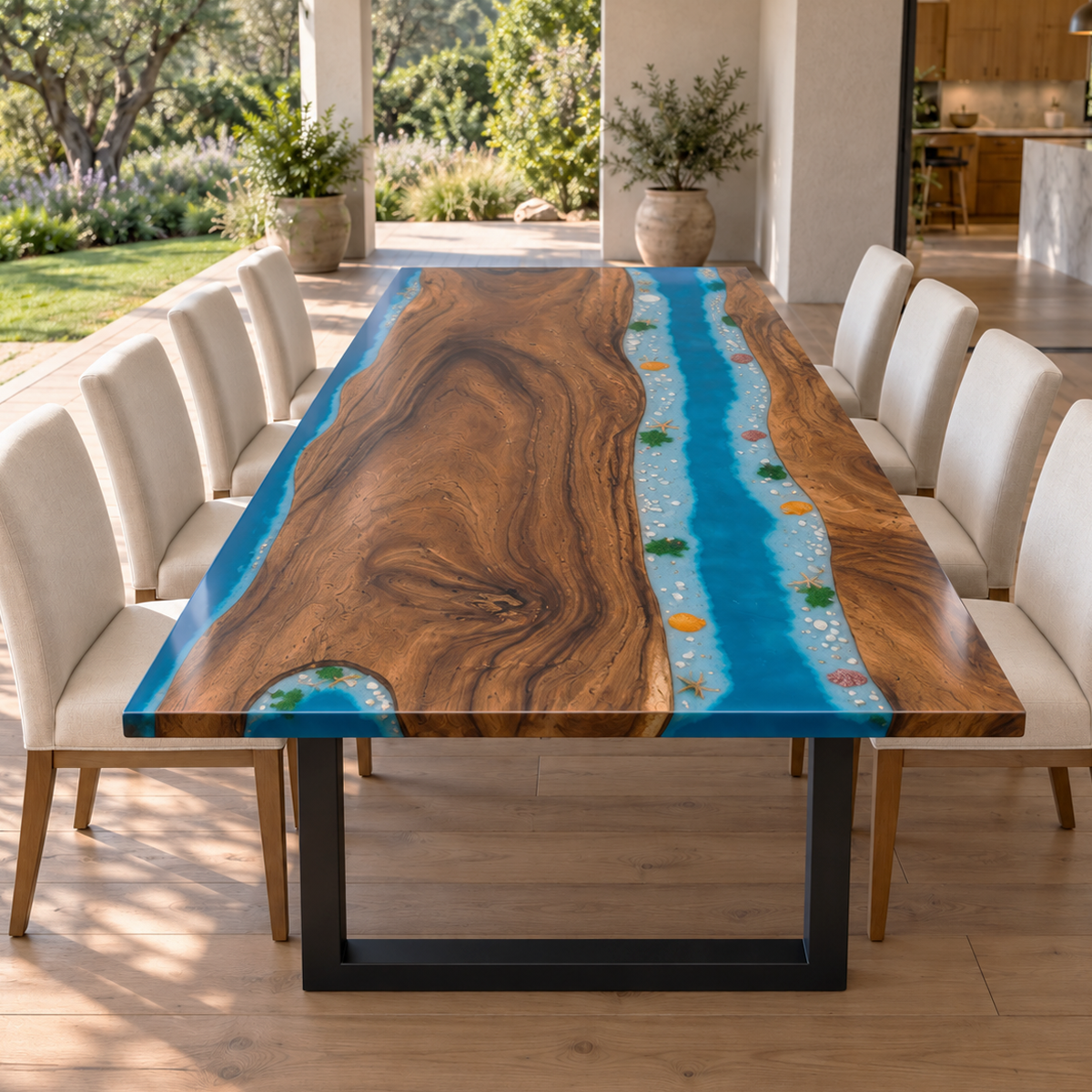 Walnut dining table with turquoise resin channels bordered by pale wave patterns and small golden accents beside natural wood grain