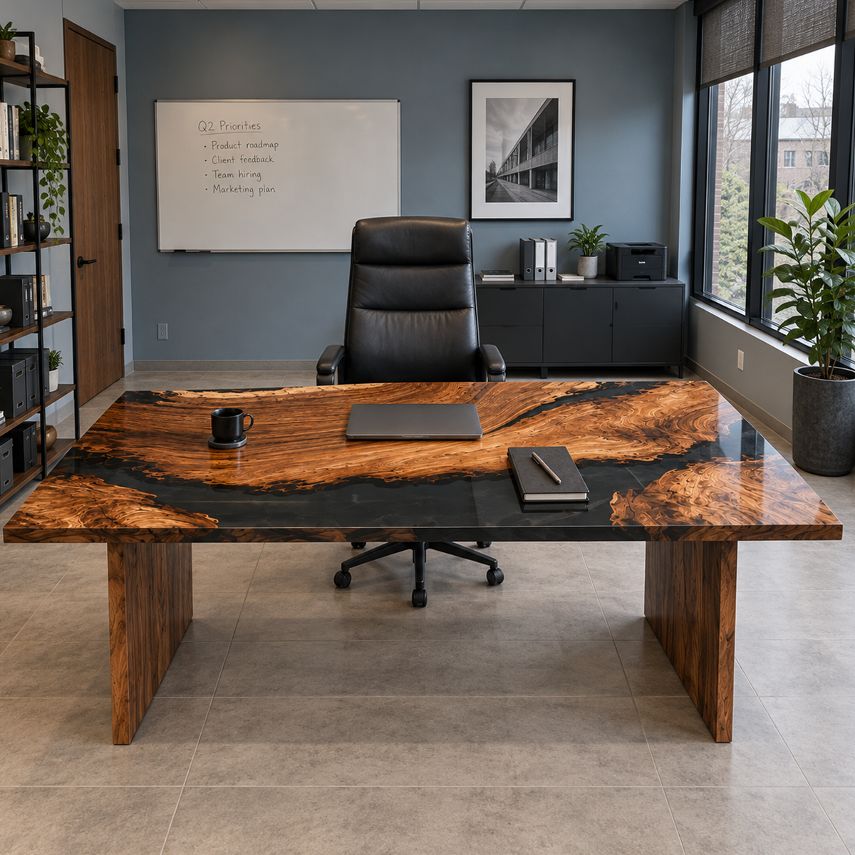 Walnut wood office table with amber-toned grain and flowing black epoxy resin, shown with a laptop and black leather chair