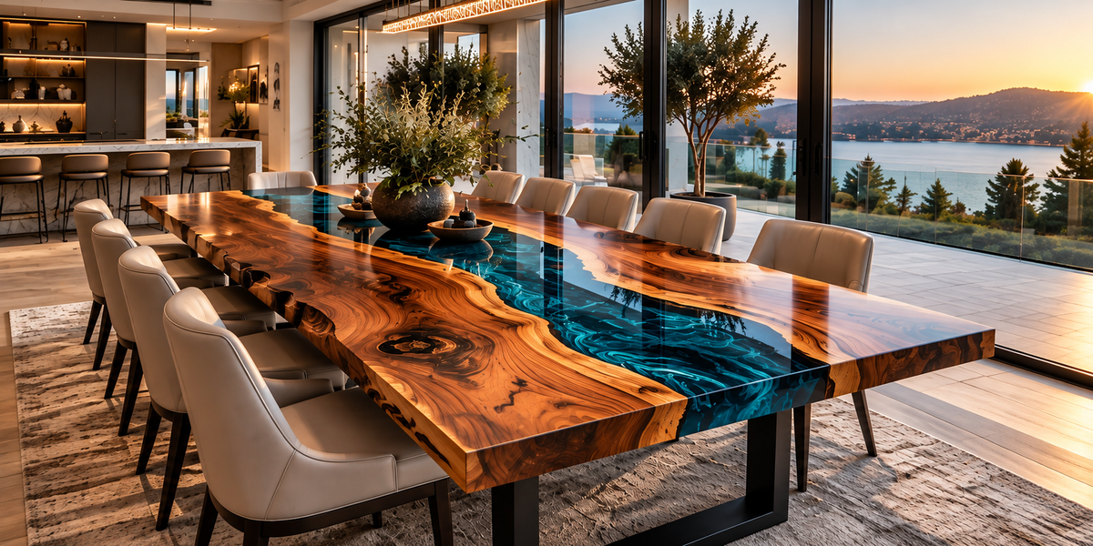 Custom walnut and blue epoxy resin dining table in a luxury modern dining room.